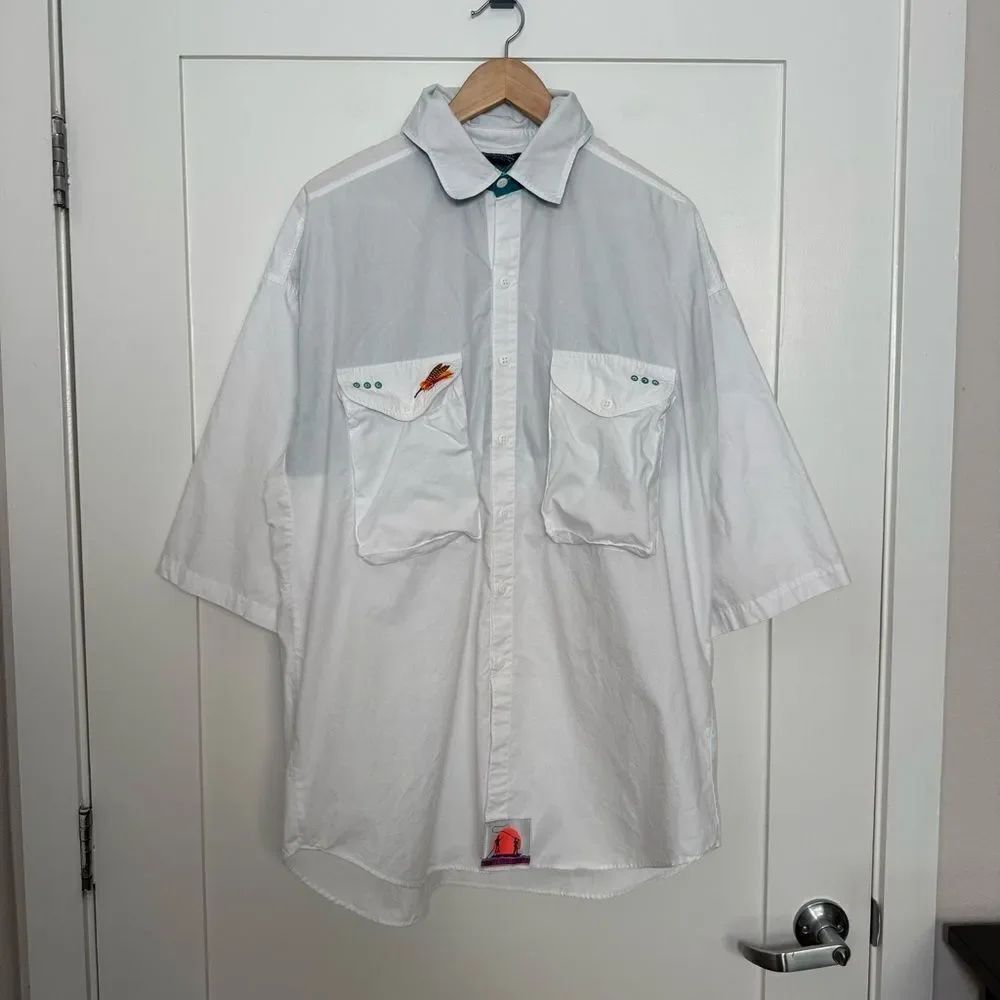 Vtg Columbia Shirt Mens Sz L White Radial 1/2 Sleeve Embroidered Fishing Pockets